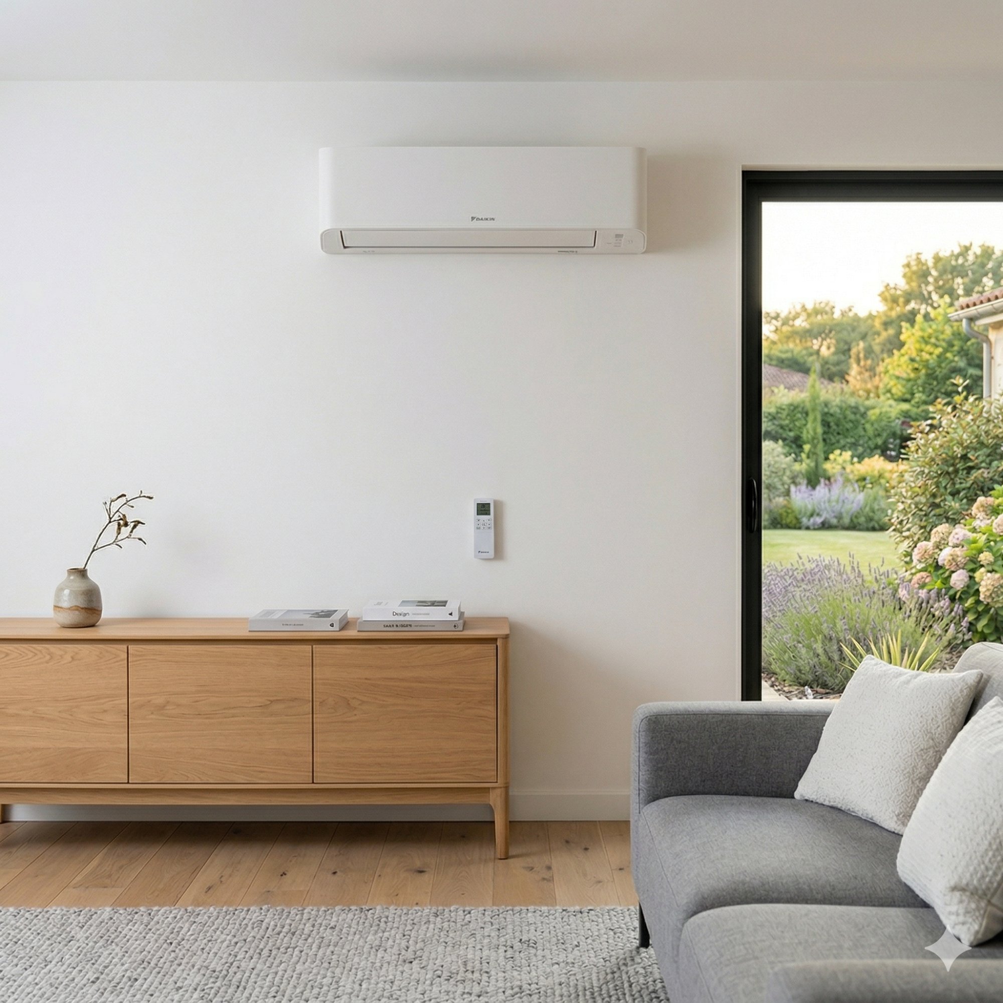 Climatisation réversible Daikin installée dans un salon avec vue sur jardin girondin