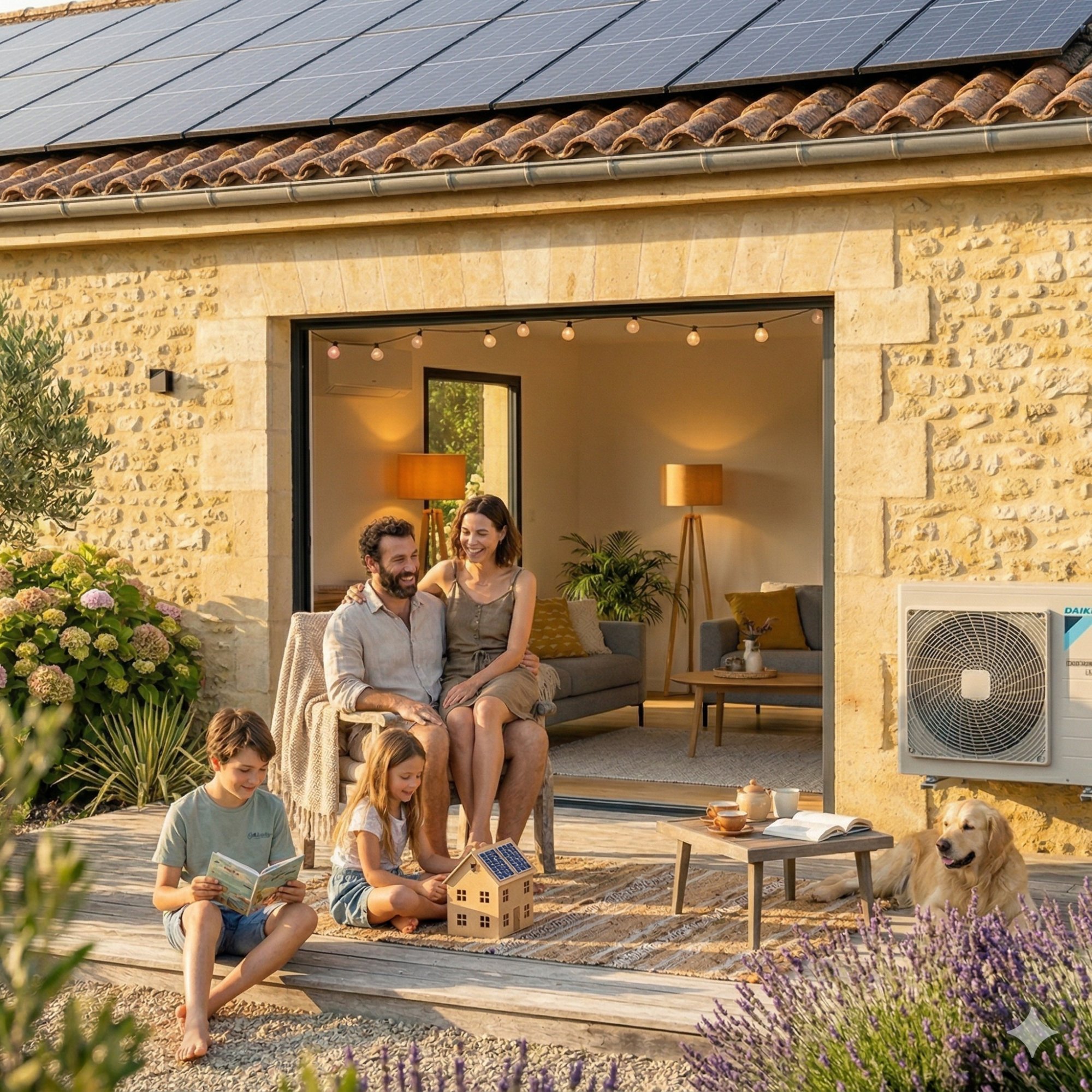 Famille girondine heureuse devant leur maison équipée d'une pompe à chaleur et de panneaux solaires
