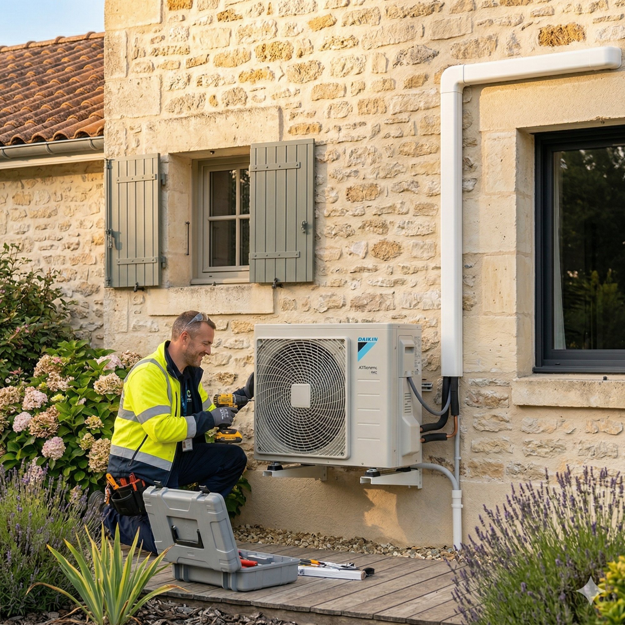 Technicien RGE installant une pompe à chaleur Daikin sur maison en pierre bordelaise