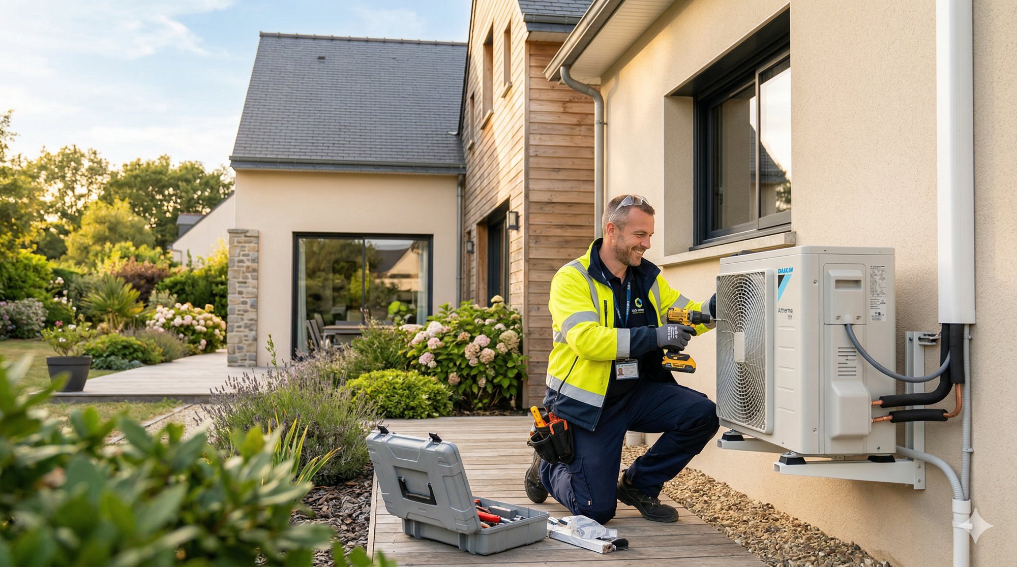 Technicien RGE certifié QualiPAC installant une pompe à chaleur Daikin en Gironde